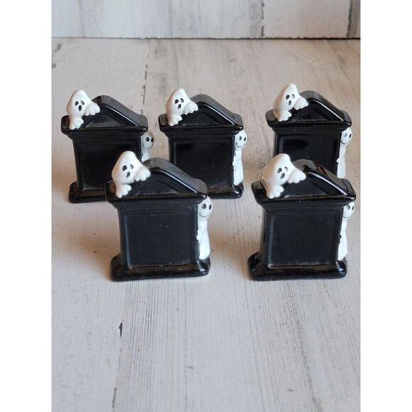 Halloween ceramic black Tombstone ghosts set accessory home decor - Picture 1 of 10
